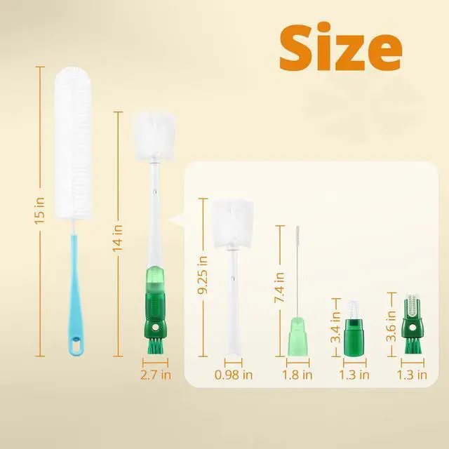 Alt view image 7 of 7 - 5 Pack Bottle Brush Set, 5-in-1 Water Bottle Cleaner Brush, 15"" Long Handle Bottle Cleaning Brush, 3 Straw Brush, Removable Nipple Brush, Detail Brush for Cup Lid Gap, WBBSBLB5
