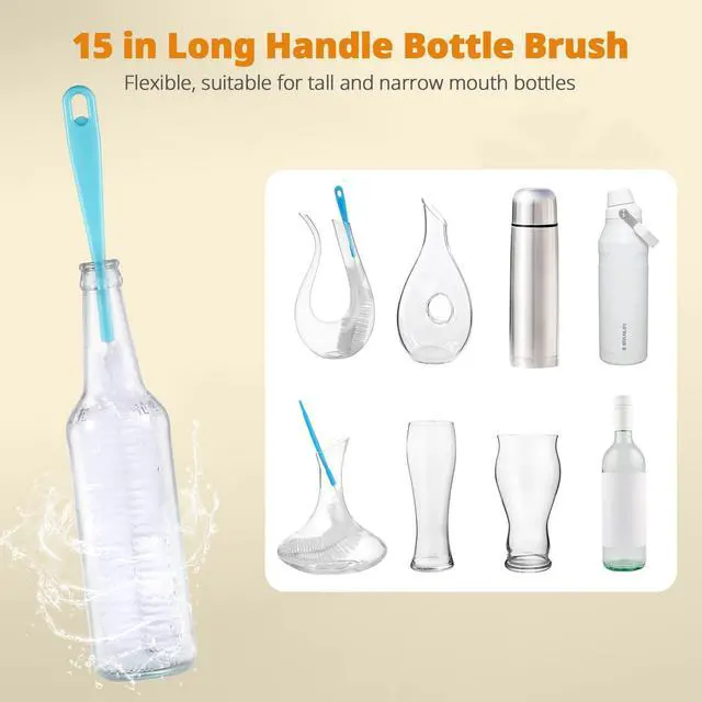 Alt view image 4 of 7 - 5 Pack Bottle Brush Set, 5-in-1 Water Bottle Cleaner Brush, 15"" Long Handle Bottle Cleaning Brush, 3 Straw Brush, Removable Nipple Brush, Detail Brush for Cup Lid Gap, WBBSBLB5