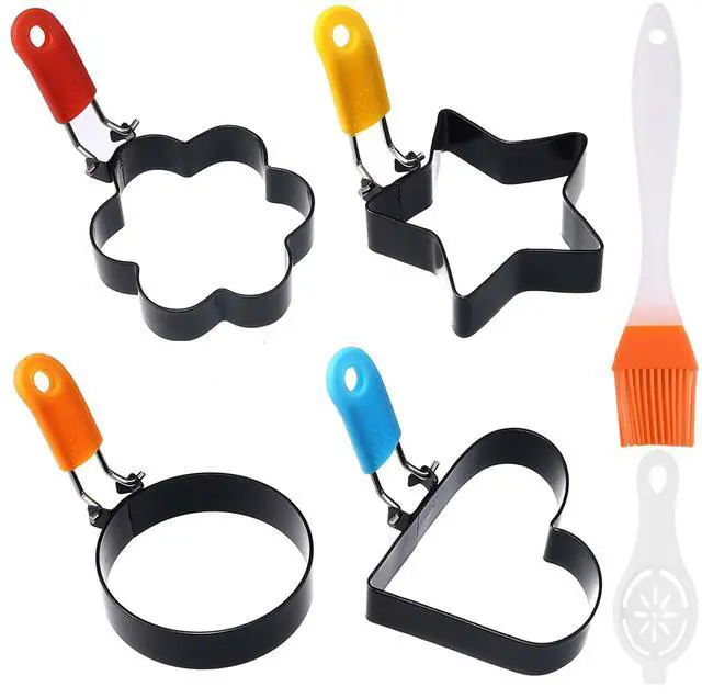 Main image of 4 Pcs Nonstick Stainless Steel Egg Rings of Different Shapes with 1 Oil Brush & 1 Egg Separator, Egg Molds Great for Frying and Shaping of Muffins, Pancakes, Sandwiches (4 shapes)
