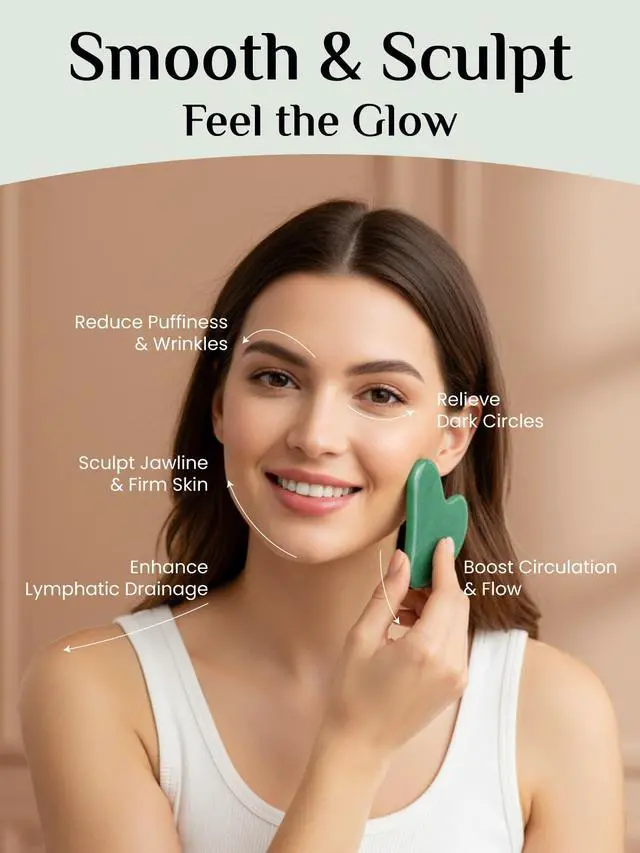 Alt view image 2 of 6 - Gua Sha Facial Tools: Jade Stone Guasha Tool for Face Acupuncture Therapy, Facial Massager for Jawline Sculpting and Puffiness Reducing (Green)