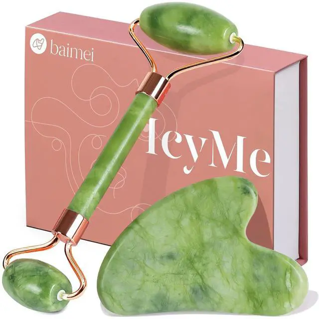 Main image of IcyMe Gua Sha & Jade Roller Set, Cooling Face Roller & Guasha Tool for Face Depuffing, Facial Sculpting & Jawline Definition, Smooth Rolling Skincare Tools Gifts for Women & Men Green