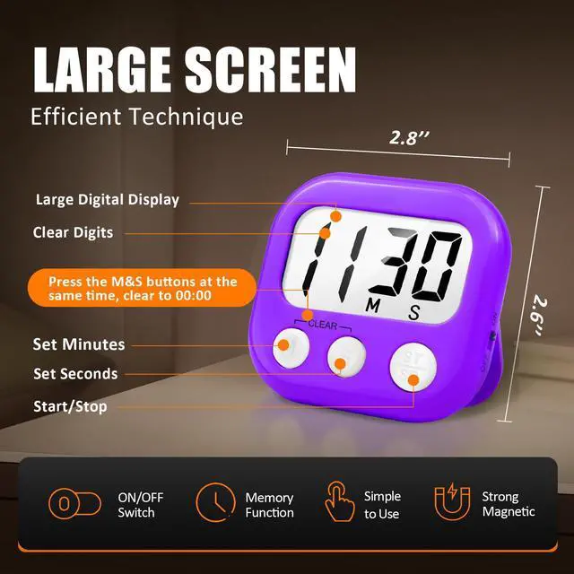 Alt view image 2 of 6 - 2 Pack Digital Kitchen Timer for Cooking Big Digits Loud Alarm Magnetic Backing Stand Cooking Timers for Baking Purple