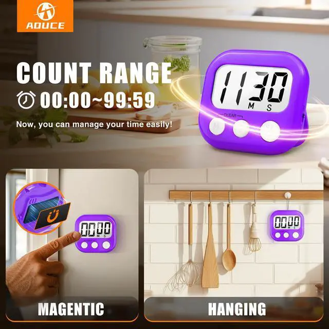 Alt view image 4 of 6 - 2 Pack Digital Kitchen Timer for Cooking Big Digits Loud Alarm Magnetic Backing Stand Cooking Timers for Baking Purple