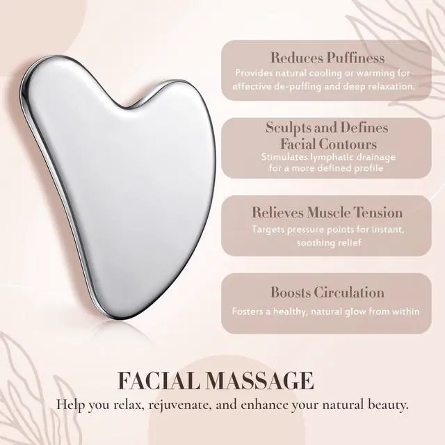 Alt view image 5 of 7 - Stainless Steel Gua Sha Facial Tool, Metal Gua Sha for Lymphatic Drainage, Guasha Face Sculpting Double Chin Reduce with Pouch Self Care Gift(304 Stainless Steel,Silver)