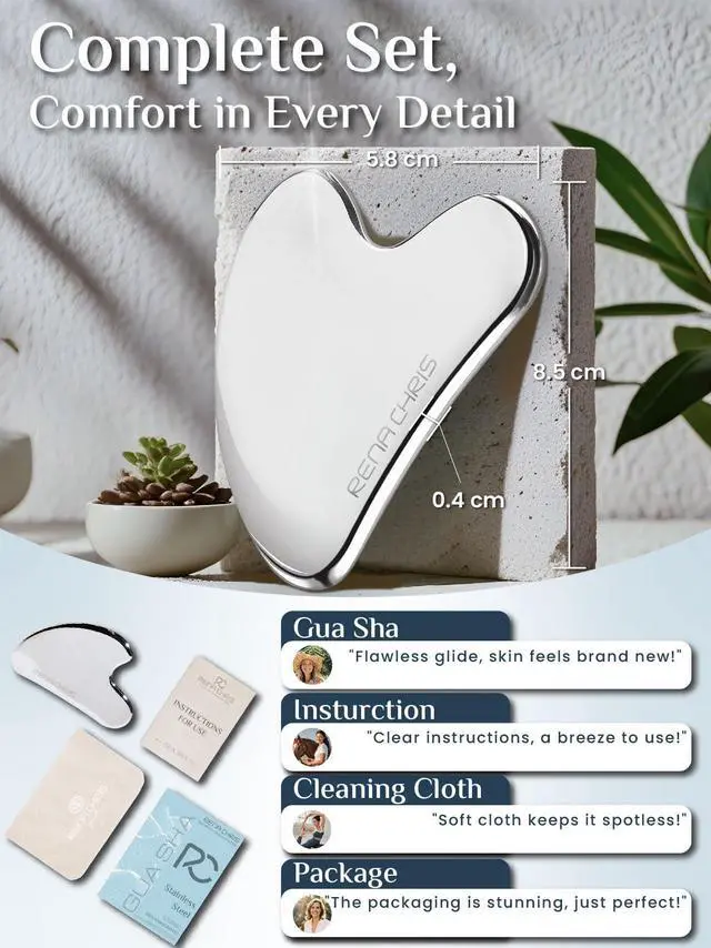 Alt view image 2 of 7 - Gua Sha Facial Tools, Stainless Steel Guasha Tool - Silver | Face Massage Tool for Jawline Sculpting, Puffiness Reducing, Gua Sha Double Chin Reducer, Skin Care Gift for Women