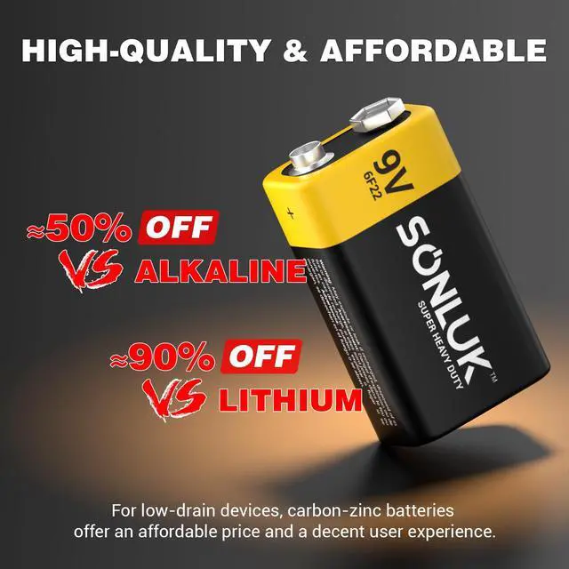 Alt view image 5 of 7 - 9V Batteries 10 Pack Carbon Zinc 6F22 Square 9 Volt Battery for Smoke/CO Detector, Ultra Long Lasting
