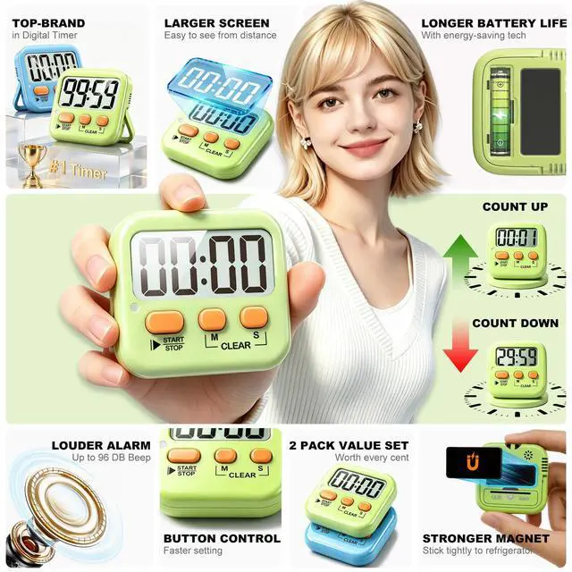 Alt view image 4 of 7 - 2 Pack Digital Timer for Kids, Magnetic Countdown Kitchen Timers for Cooking, Egg, Classroom, Teacher, Exercise, Study, Oven - Battery Included