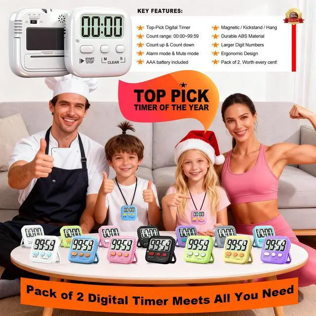 Alt view image 7 of 7 - 2 Pack Digital Timer for Kids, Magnetic Countdown Kitchen Timers for Cooking, Egg, Classroom, Teacher, Exercise, Study, Oven - Battery Included
