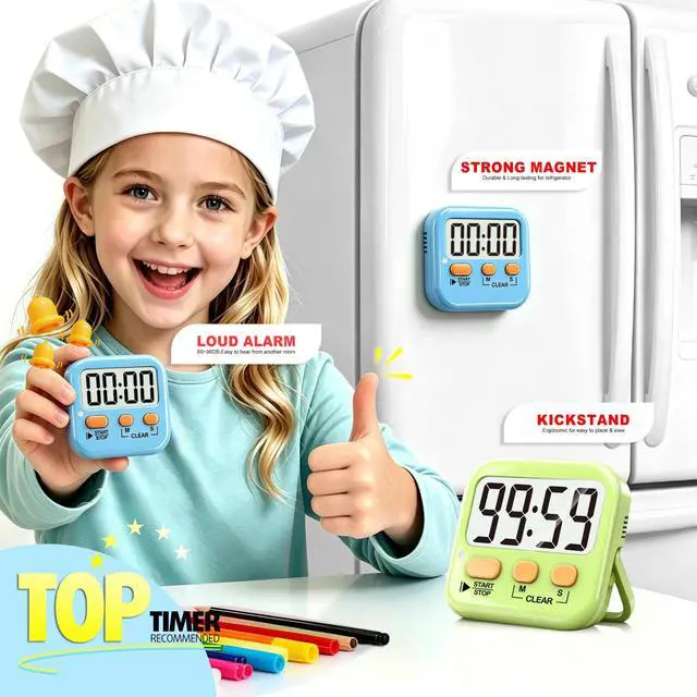 Alt view image 3 of 7 - 2 Pack Digital Timer for Kids, Magnetic Countdown Kitchen Timers for Cooking, Egg, Classroom, Teacher, Exercise, Study, Oven - Battery Included