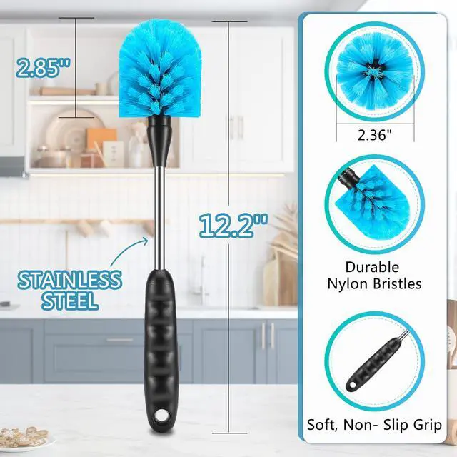 Alt view image 3 of 7 - 12.2 inch Bottle Brush Set of ThreeWashable Coffee Cups, Water Bottles, Baby Bottles, Straws, to-go Cups, Long-Handled 3-in-1 Stainless Steel Bottle Brushes. (Blue)