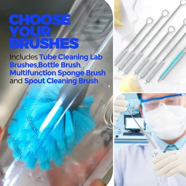 Alt view image 7 of 7 - Bottle Brush Tube Cleaning Lab Set with Long Handle, Cup Cleaner for Washing Narrow Neck Beer Wine Decanter Pipes Lids Sinks Cap Covers, White