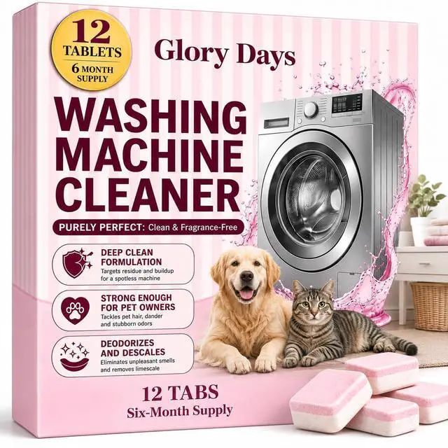 Main image of Washing Machine Cleaner Tablets Pet Hair Remover, Odor Eliminator & Descaler Septic Safe, Plant-Based Formula for HE, Front Load & Top Load Washers 12 Tablets, 6 Month Supply