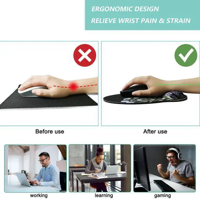 Alt view image 2 of 7 - Mouse Pad with Wrist Support, Ergonomic Mouse Pad with Memory Foam Wrist Rest Cushion, Non-Slip Rubber Base Gaming Mice Pad for Home Office Computer Laptop, Flowers Black