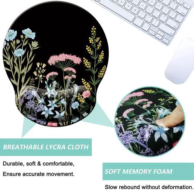 Alt view image 3 of 7 - Mouse Pad with Wrist Support, Ergonomic Mouse Pad with Memory Foam Wrist Rest Cushion, Non-Slip Rubber Base Gaming Mice Pad for Home Office Computer Laptop, Flowers Black