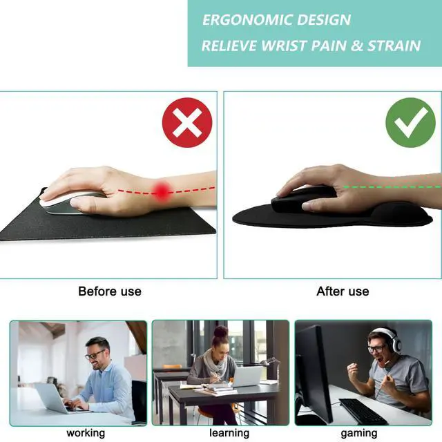 Alt view image 2 of 7 - Mouse Pad with Wrist Support, Ergonomic Mousepad with Comfortable Memory Foam Wrist Rest Cushion, Relieve Wrist Pain, Non-Slip Rubber Base Gaming Mice Pad for Home Office Computer Laptop, Black