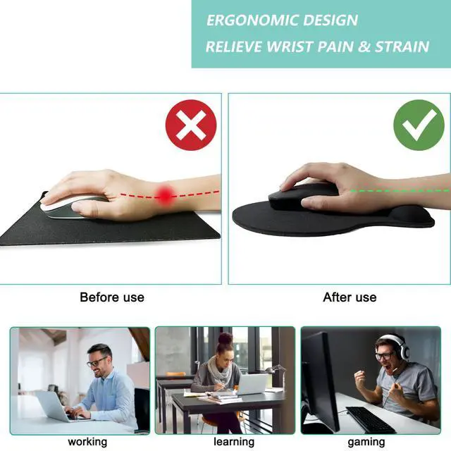 Alt view image 2 of 7 - Mouse Pad with Wrist Support, Ergonomic Mouse Pads with Memory Foam Wrist Rest, Easy Typing Pain Relief, Comfortable Home Office Computer Wrist Support Pads for Working Studying Gaming, Black