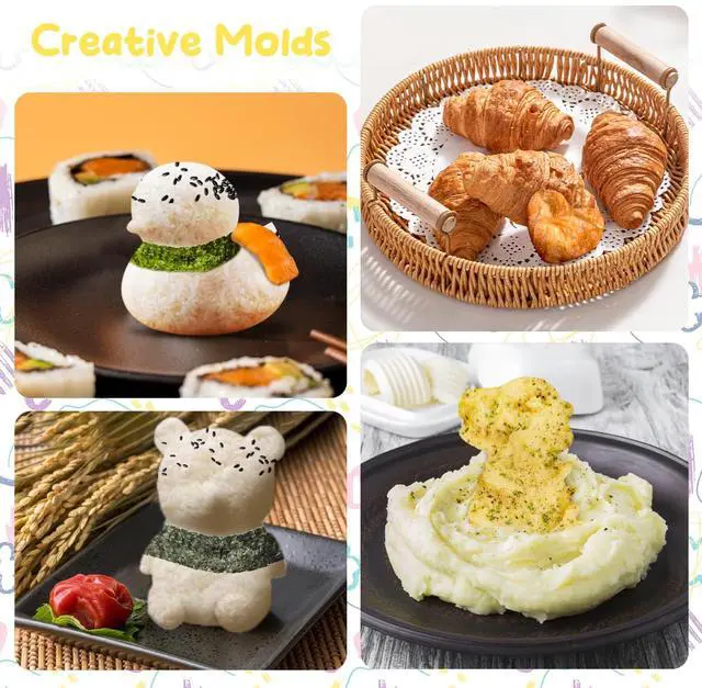Alt view image 4 of 7 - Duck Rice Mold 4 Pcs Rice Duck Mold DIY 3D Animal Shapes Sushi Rice Molds for Sushi Making(Dinosaur+Love Shape+Duck+Snowflake), Blue Bear