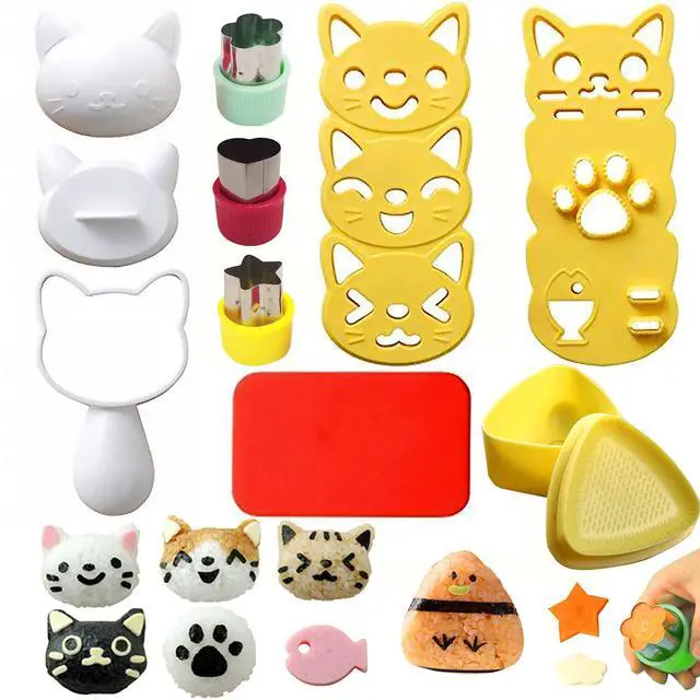 Main image of Cute Cat Rice Ball Molds 6 Sets Sushi Molds Bento Accessories Kits with 3PCS Vegetable Fruit Cutter Shapes and 1PC Gimbap Mold Triangle for Nori Rice Making DIY Bento Box Picnic Tools