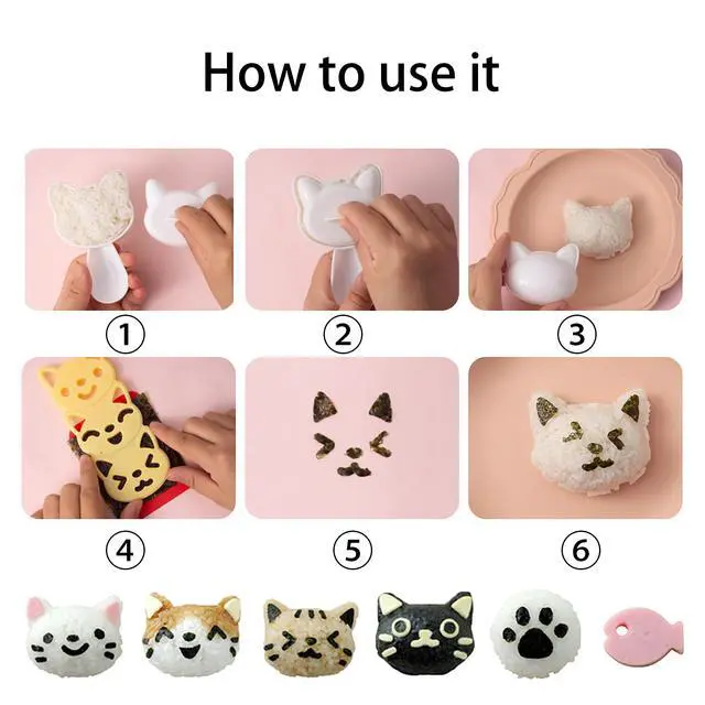 Alt view image 4 of 7 - Cute Cat Rice Ball Molds 6 Sets Sushi Molds Bento Accessories Kits with 3PCS Vegetable Fruit Cutter Shapes and 1PC Gimbap Mold Triangle for Nori Rice Making DIY Bento Box Picnic Tools