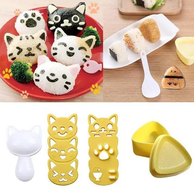 Alt view image 6 of 7 - Cute Cat Rice Ball Molds 6 Sets Sushi Molds Bento Accessories Kits with 3PCS Vegetable Fruit Cutter Shapes and 1PC Gimbap Mold Triangle for Nori Rice Making DIY Bento Box Picnic Tools
