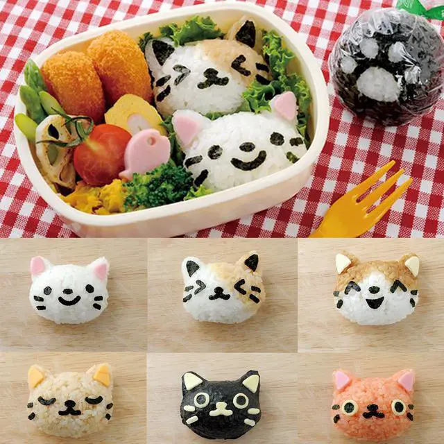 Alt view image 7 of 7 - Cute Cat Rice Ball Molds 6 Sets Sushi Molds Bento Accessories Kits with 3PCS Vegetable Fruit Cutter Shapes and 1PC Gimbap Mold Triangle for Nori Rice Making DIY Bento Box Picnic Tools