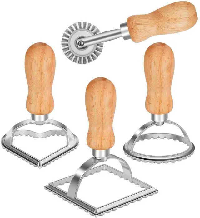 Main image of Ravioli Stamp Maker Cutter with Roller Wheel (Set of 4), Wooden Handle and Fluted Edge, for Ravioli, Pasta, Dumplings Lasagna, Pierogi