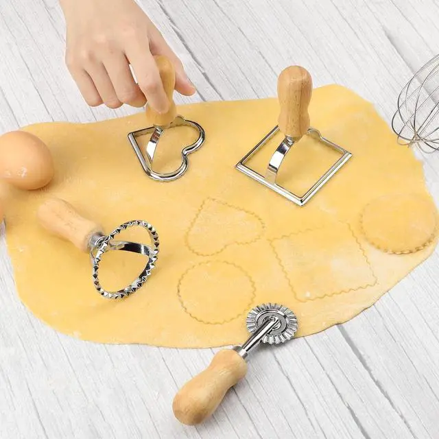 Alt view image 5 of 7 - Ravioli Stamp Maker Cutter with Roller Wheel (Set of 4), Wooden Handle and Fluted Edge, for Ravioli, Pasta, Dumplings Lasagna, Pierogi
