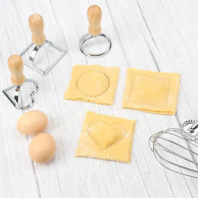 Alt view image 7 of 7 - Ravioli Stamp Maker Cutter with Roller Wheel (Set of 4), Wooden Handle and Fluted Edge, for Ravioli, Pasta, Dumplings Lasagna, Pierogi