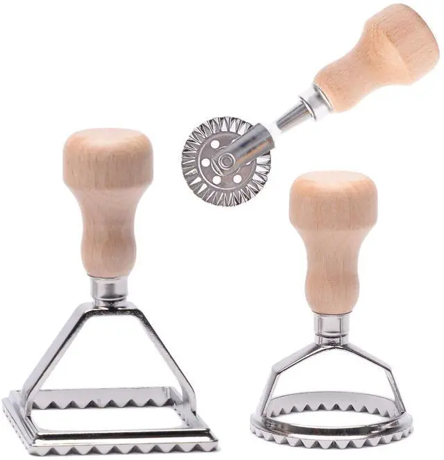Main image of Ravioli Stamp Maker Cutter with Roller Wheel Set, Mold with Wooden Handle and Fluted Edge, Pasta Press Kitchen Attachment (MF-146)