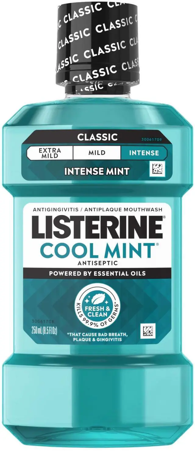 Main image of Cool Mint Intense Antiseptic Mouthwash, Daily Oral Rinse Kills 99.9% of Germs that Cause Bad Breath, Plaque and Gingivitis. for a Fresh, Clean Mouth, Intense Mint Flavor, 250 mL/ 8.5 Fl.Oz.