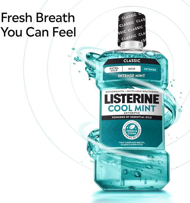 Alt view image 5 of 7 - Cool Mint Intense Antiseptic Mouthwash, Daily Oral Rinse Kills 99.9% of Germs that Cause Bad Breath, Plaque and Gingivitis. for a Fresh, Clean Mouth, Intense Mint Flavor, 250 mL/ 8.5 Fl.Oz.