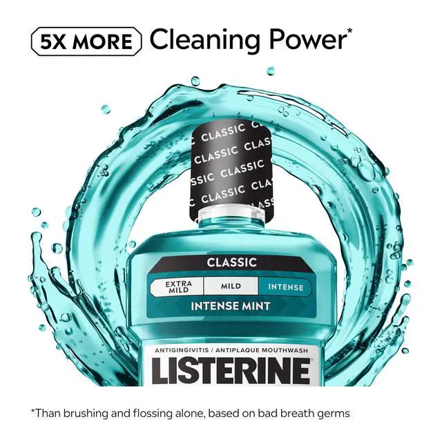 Alt view image 3 of 7 - Cool Mint Intense Antiseptic Mouthwash, Daily Oral Rinse Kills 99.9% of Germs that Cause Bad Breath, Plaque and Gingivitis. for a Fresh, Clean Mouth, Intense Mint Flavor, 250 mL/ 8.5 Fl.Oz.