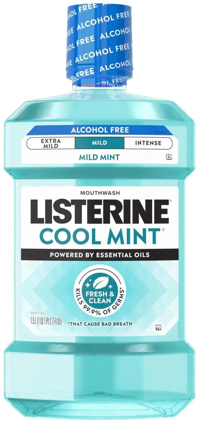 Main image of Cool Mint Alcohol-Free Mild Mouthwash, Oral Rinse Kills 99.9% of Germs that Cause Bad Breath, Less Intense Taste, Mild Mint Flavor, 1.5 L
