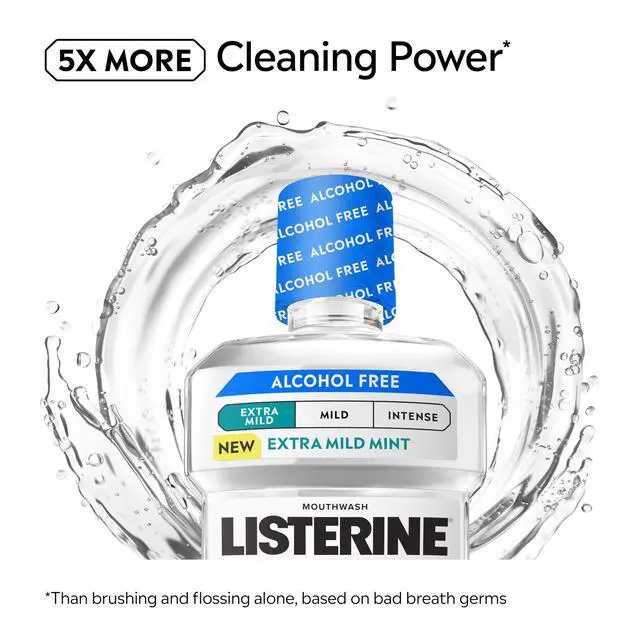 Alt view image 3 of 7 - Extra Mild Alcohol-Free Mouthwash, Oral Rinse Powered by Essential Oils Kills 99.9% of Germs that Cause Bad Breath for A Clean* Mouth, No Added Dyes, Mild Cool Mint Flavor, 1L