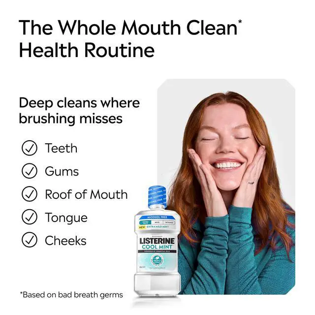 Alt view image 5 of 7 - Extra Mild Alcohol-Free Mouthwash, Oral Rinse Powered by Essential Oils Kills 99.9% of Germs that Cause Bad Breath for A Clean* Mouth, No Added Dyes, Mild Cool Mint Flavor, 1L
