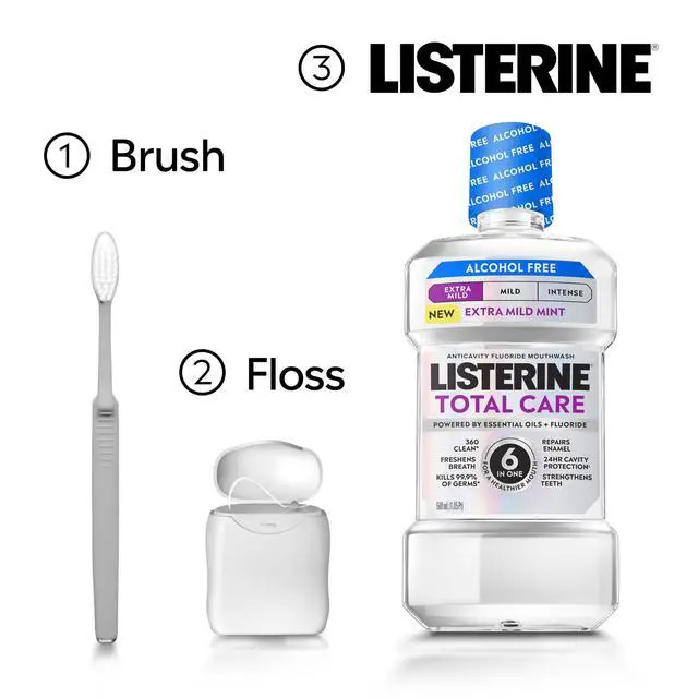 Alt view image 7 of 7 - Mouthwash Total Care Anticavity Treatment for Adults Kills 99.9% of Bad Breath Germs Extra Mild Mint No Burn Alcohol Free Fluoride Mouthwash, 33.8 fl oz
