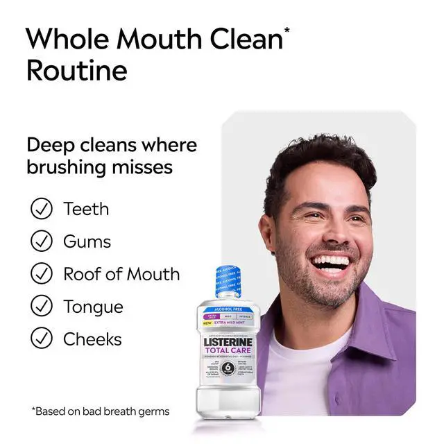 Alt view image 5 of 7 - Mouthwash Total Care Anticavity Treatment for Adults Kills 99.9% of Bad Breath Germs Extra Mild Mint No Burn Alcohol Free Fluoride Mouthwash, 33.8 fl oz