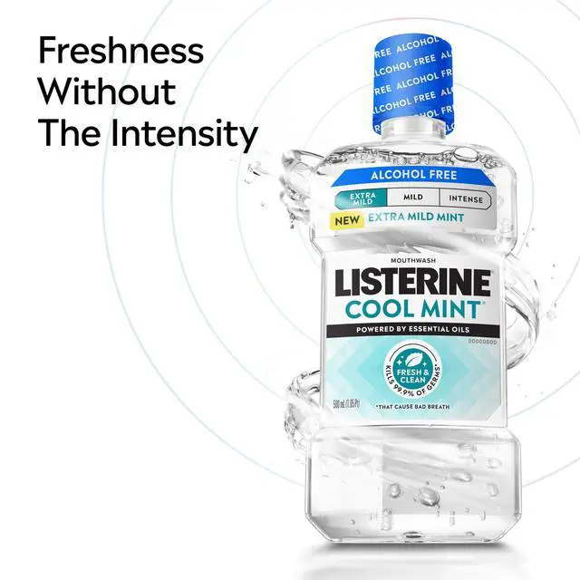 Alt view image 4 of 7 - Extra Mild Alcohol-Free Mouthwash, Oral Rinse Powered by Essential Oils Kills 99.9% of Germs that Cause Bad Breath for A Clean* Mouth, No Added Dyes, Mild Cool Mint Flavor, 1L