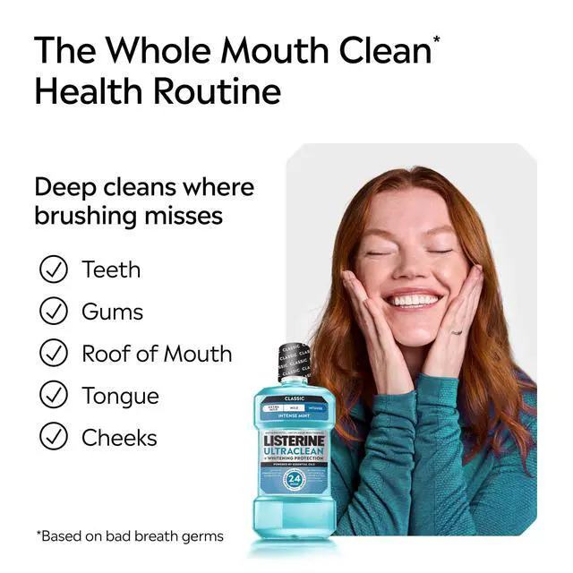Alt view image 6 of 7 - Ultraclean Intense Antiseptic Mouthwash + Whitening Protection*, Everfresh Technology to Help Fight Bad Breath, Gingivitis, & Plaque, Tartar Control Oral Rinse, Intense Mint, 1L