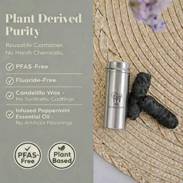 Alt view image 4 of 7 - Vegan Biodegradable Bamboo Charcoal Dental Floss with Refillable Stainless Steel Container | 33yds x2 | Extra Floss Refill | Natural Candelilla Wax | Peppermint | Eco Zero Waste Oral Care