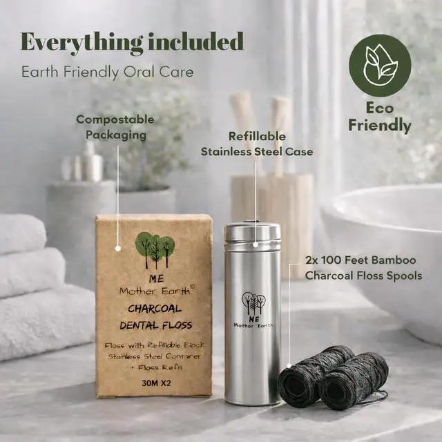 Alt view image 2 of 7 - Vegan Biodegradable Bamboo Charcoal Dental Floss with Refillable Stainless Steel Container | 33yds x2 | Extra Floss Refill | Natural Candelilla Wax | Peppermint | Eco Zero Waste Oral Care