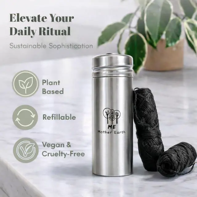 Alt view image 6 of 7 - Vegan Biodegradable Bamboo Charcoal Dental Floss with Refillable Stainless Steel Container | 33yds x2 | Extra Floss Refill | Natural Candelilla Wax | Peppermint | Eco Zero Waste Oral Care