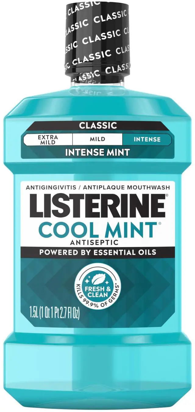 Main image of Cool Mint Intense Antiseptic Mouthwash, Daily Oral Rinse Kills 99.9% of Germs that Cause Bad Breath, Plaque and Gingivitis. For a Fresh, Clean Mouth, Intense Mint Flavor, 1.5 L