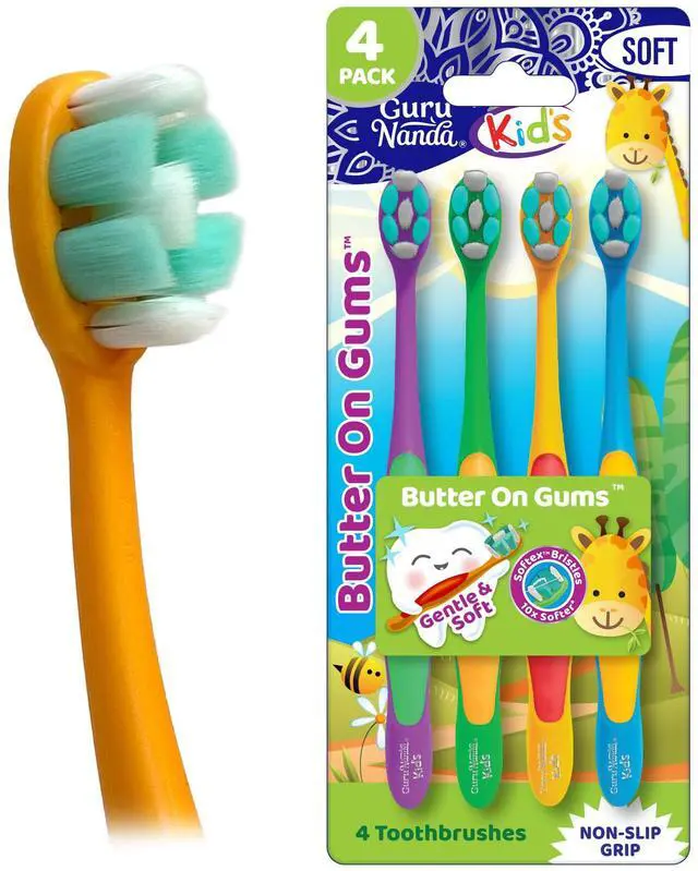 Main image of Butter On Gums Kids Toothbrush - 4 Pack Extra Soft Bristles Toothbrush for Kids, Multi-Colored & Fun to Use for Beginner Cleaning - Ergonomic Grip Handle - BPA & Cruelty-Free (Age 3+)