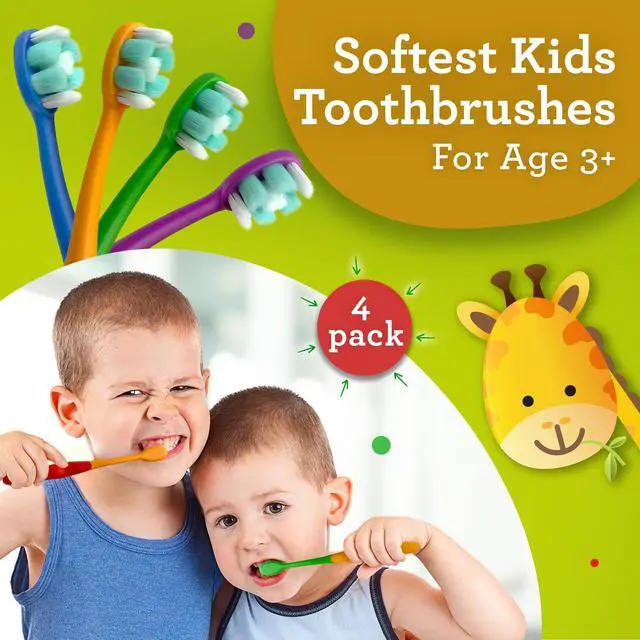 Alt view image 2 of 7 - Butter On Gums Kids Toothbrush - 4 Pack Extra Soft Bristles Toothbrush for Kids, Multi-Colored & Fun to Use for Beginner Cleaning - Ergonomic Grip Handle - BPA & Cruelty-Free (Age 3+)