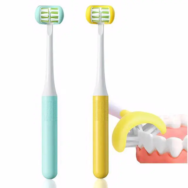 Main image of 2 Pack 3 Sided Toddler Toothbrush, Soft Bristle Kids Toothbrush for Autism Sensory & Sensitive Gums, 360° Complete Toothbrush for Ages 3-15, Oral Care Tooth & Gum Cleaning (Blue/Yellow)