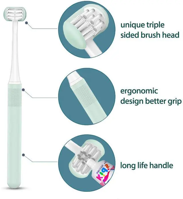 Alt view image 5 of 6 - 2 Pack 3 Sided Toddler Toothbrush, Soft Bristle Kids Toothbrush for Autism Sensory & Sensitive Gums, 360° Complete Toothbrush for Ages 3-15, Oral Care Tooth & Gum Cleaning (Blue/Yellow)