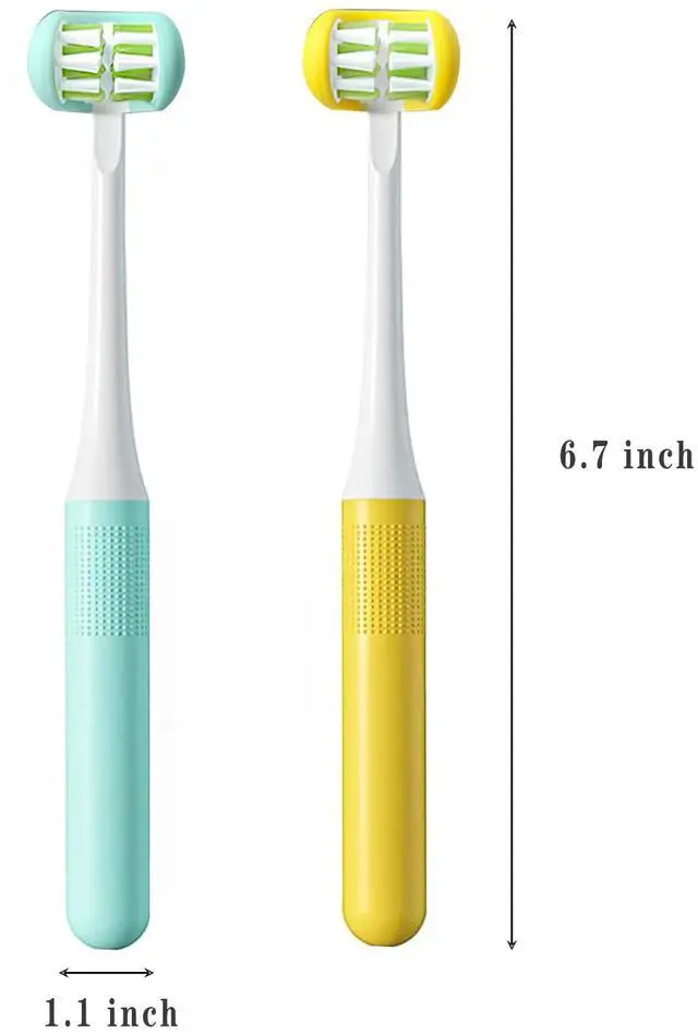 Alt view image 4 of 6 - 2 Pack 3 Sided Toddler Toothbrush, Soft Bristle Kids Toothbrush for Autism Sensory & Sensitive Gums, 360° Complete Toothbrush for Ages 3-15, Oral Care Tooth & Gum Cleaning (Blue/Yellow)