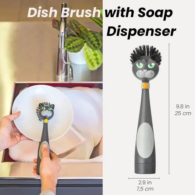 Alt view image 3 of 7 - Soap Dispensing Dish Brush - Felix Cat-Shaped, Dish Brush with Handle and Soap Dispenser, Scrub Brush for Dishes, Pot Scrubber, Sink Scrubber, Dish Cleaner, and Kitchen Essentials - Black, Gray