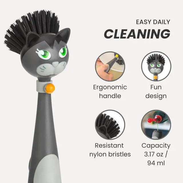 Alt view image 4 of 7 - Soap Dispensing Dish Brush - Felix Cat-Shaped, Dish Brush with Handle and Soap Dispenser, Scrub Brush for Dishes, Pot Scrubber, Sink Scrubber, Dish Cleaner, and Kitchen Essentials - Black, Gray